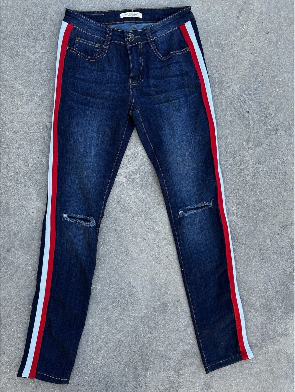 Machine Jeans 27 Dark Blue Denim Red White Stripes Cut Knees Rock N Roll Fashion